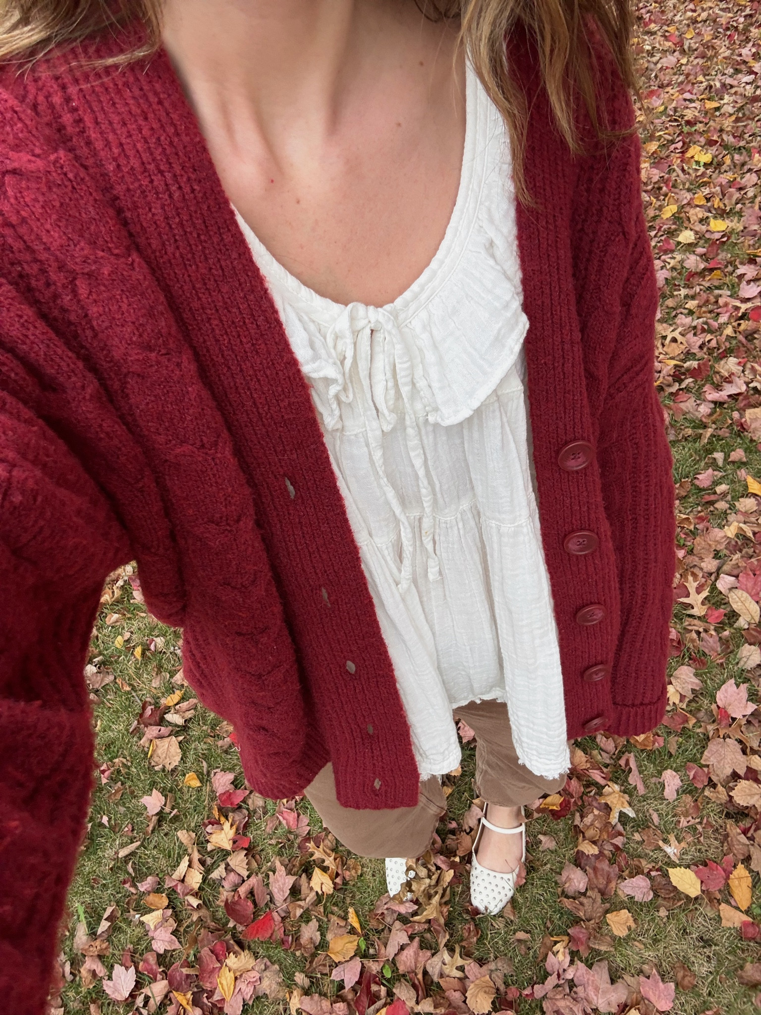 wearing a small in cardigan, so cozy and love this deep red color! 
shirt is sold out fp but linked a similar look for less 
brown jeans are tts, love how they fit 
flats tts 

Sunday outfit, fall outfit, mom outfit, thanksgiving outfit 

#LTKSeasonal #LTKHoliday