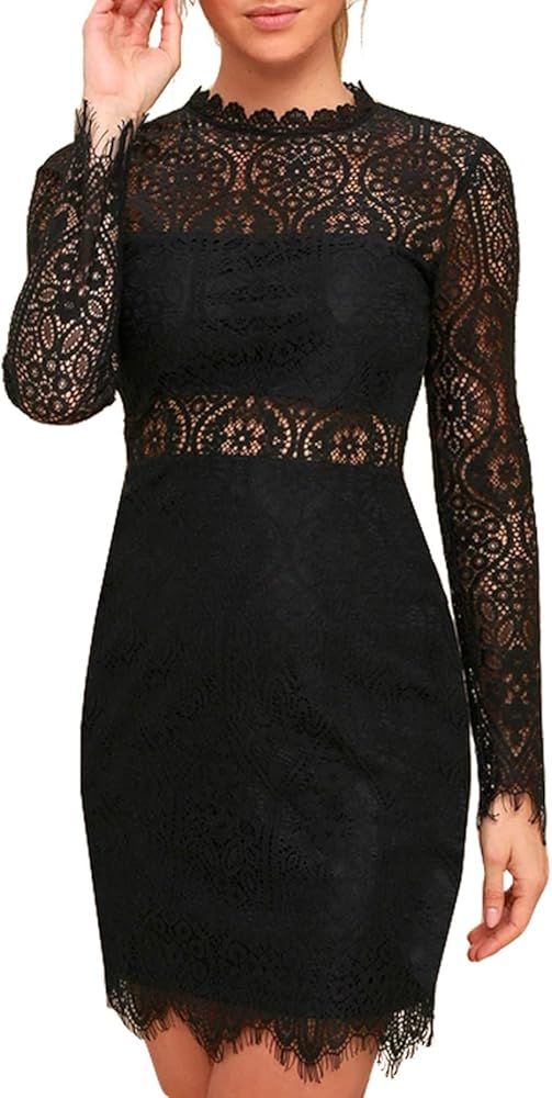 AOOKSMERY Women's Elegant Floral Lace Long Sleeve High Neck Bodycon Dress Cocktail Party Dress Mi... | Amazon (US)