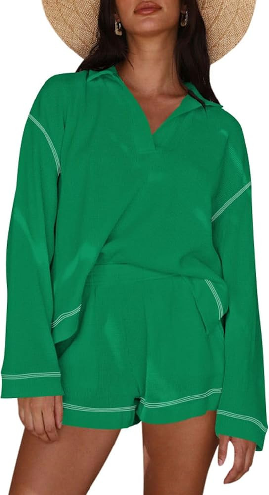 Pink Queen Women's 2023 Fall Casual Waffle Knit Long Sleeve Lounge Sets Casual Top and Shorts 2 P... | Amazon (US)