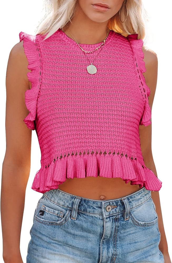 PiePieBuy Women's Summer Knit Tank Tops Crew Neck Sleeveless Cami Shirts Tees Ruffle Sweater Vest | Amazon (US)