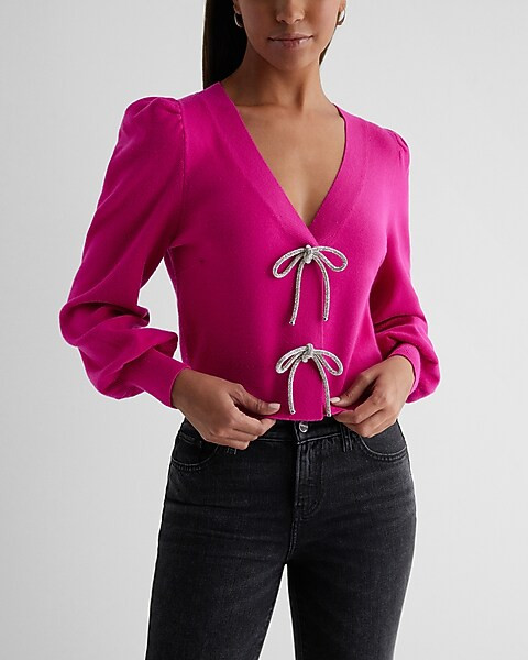 V-neck Embellished Bow Cardigan | Express