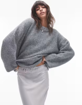 Topshop knitted boxy fluffy crew oversized jumper in grey | ASOS (Global)