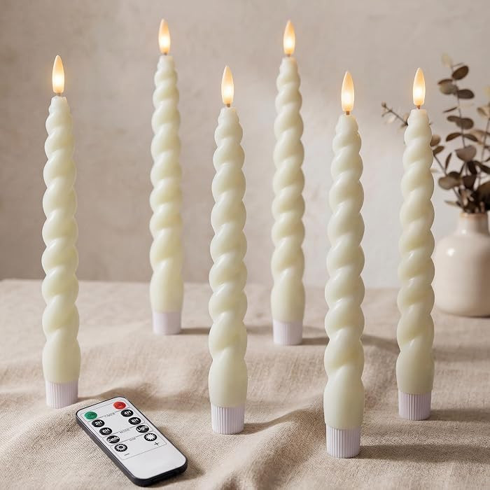 Full Twisted Spiral Flameless LED Taper Candles \u2013 Ivory, Set of 6 \u2013 2/4/6/8-Hr Timer (2... | Amazon (US)