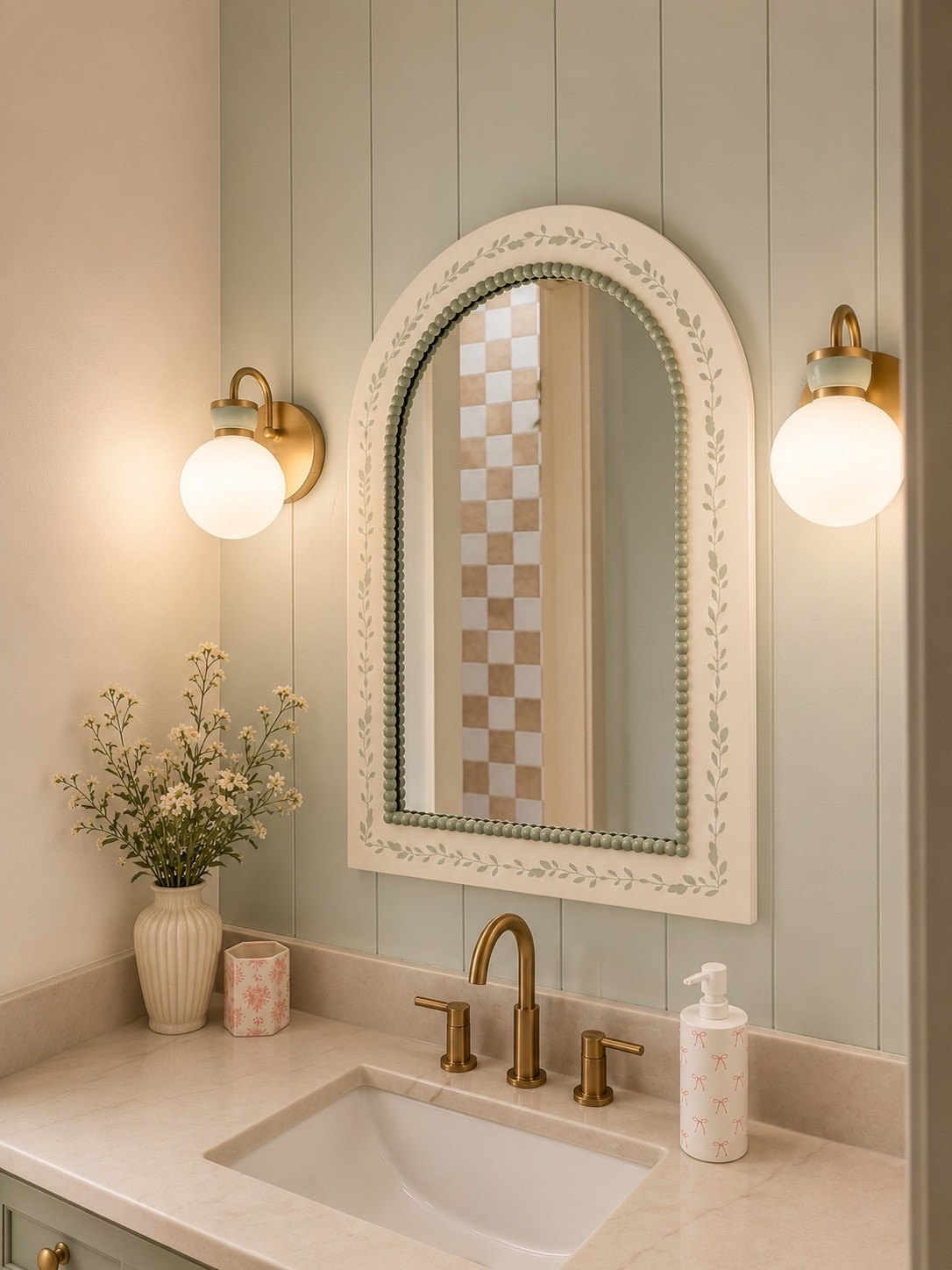 Girls bathroom vanity | pottery barn | hill house home | bathroom vanity mirror | sconces | delta champagne bronze | new build | home decor | interior design | home design | arch mirror | sea salt paint color | coastal | girly | coquette | bows | floral | love shack fancy | checkered tile | neutral tile | champagne bronze cabinet hardware | Home Depot lighting | Home Depot sconces |

#LTKHome #LTKMothersDay #LTKKids