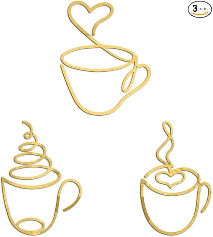 Coffee Cup Wall Decals Acrylic Mirror Wall Stickers Set of 3 Pcs Hollow Gold Art Mural Self-Adhes... | Amazon (US)
