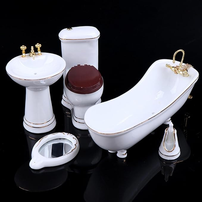 1:12 Dollhouse Miniature Porcelain Bathroom Set 5 PCS White Ceramic Toilet Basin Bathtub Mirror M... | Amazon (US)