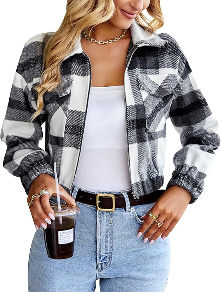 Gihuo Women' s Crop Flannel Shirt Long Sleeve Plaid Jacket Button Down Shacket Tartan Outerwear | Amazon (US)