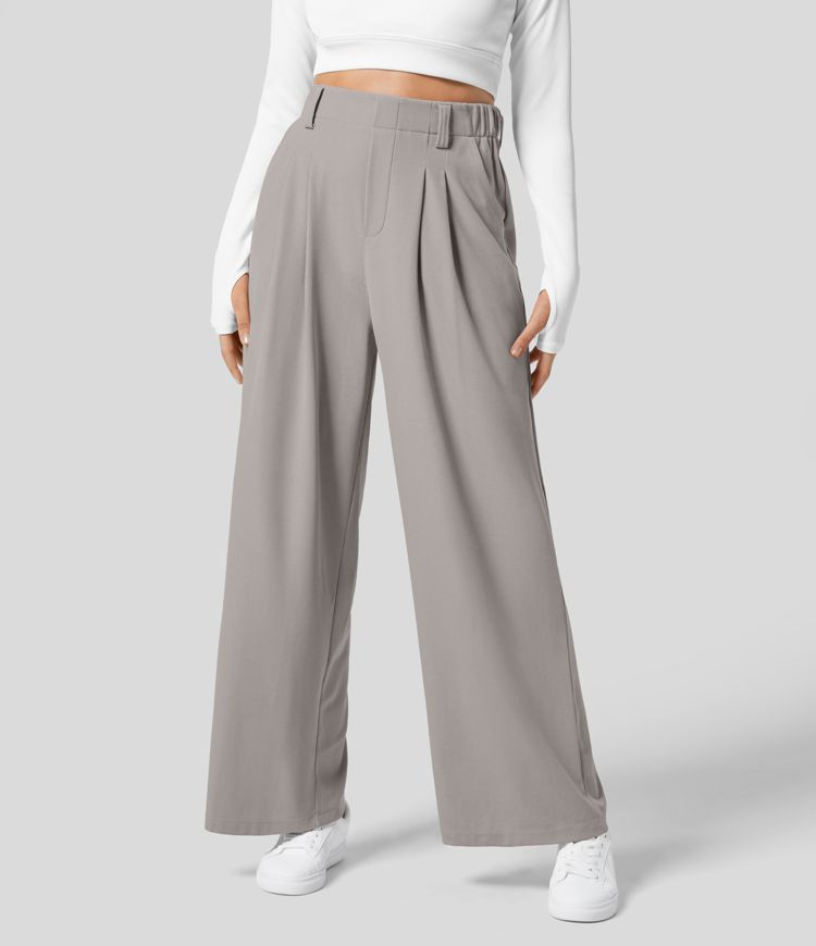 High Waisted Plicated Side Pocket Wide Leg Waffle Casual Pants | HALARA