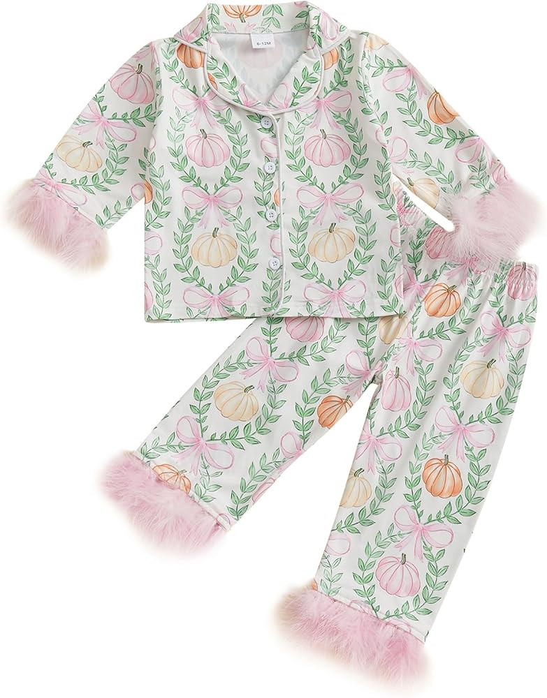 Toddler Baby Girl Fuzzy Pajamas Set Pumpink&Bow Button Down Shirt and Pants Holiday Pjs for Kids ... | Amazon (US)