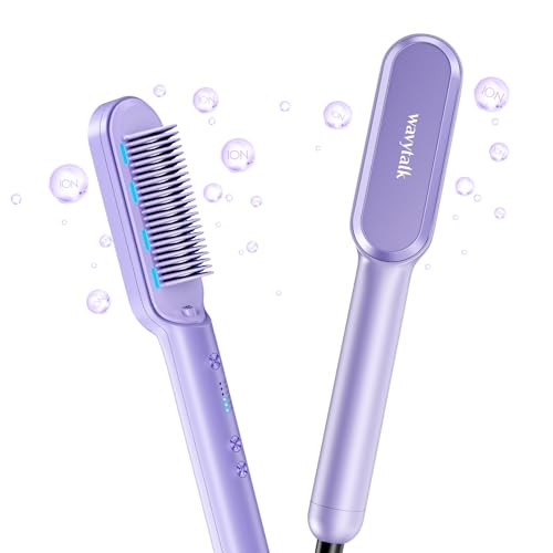 Wavytalk Hair Straightener Brush, Sleek Sweep Ionic Straightening Brush with 6 Temperature Adjust, Anti-Scald Ceramic Straightening Comb Fast Heating for Home Salon, Dual Voltage, Purple. | Amazon (US)