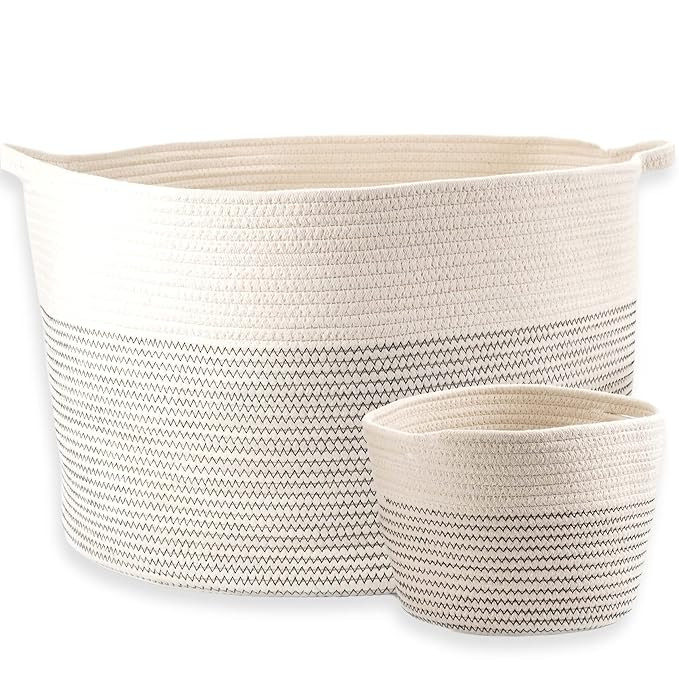 Little Hippo 2pc XXXL Large Cotton Rope Basket (22"x14") 100% Natural Cotton! Rope Basket, Woven ... | Amazon (US)