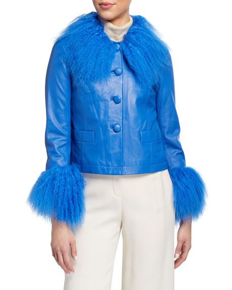 Saks Potts Dorthe Lamb Leather Shearling-Collar & Cuff Jacket, Blue | Neiman Marcus