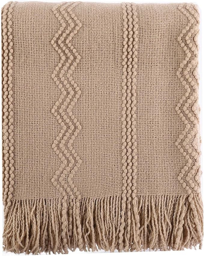 BATTILO HOME Khaki Throw Blanket with Fringe Geometric Bed Tan Throws Spring Decorative Large Thr... | Amazon (US)