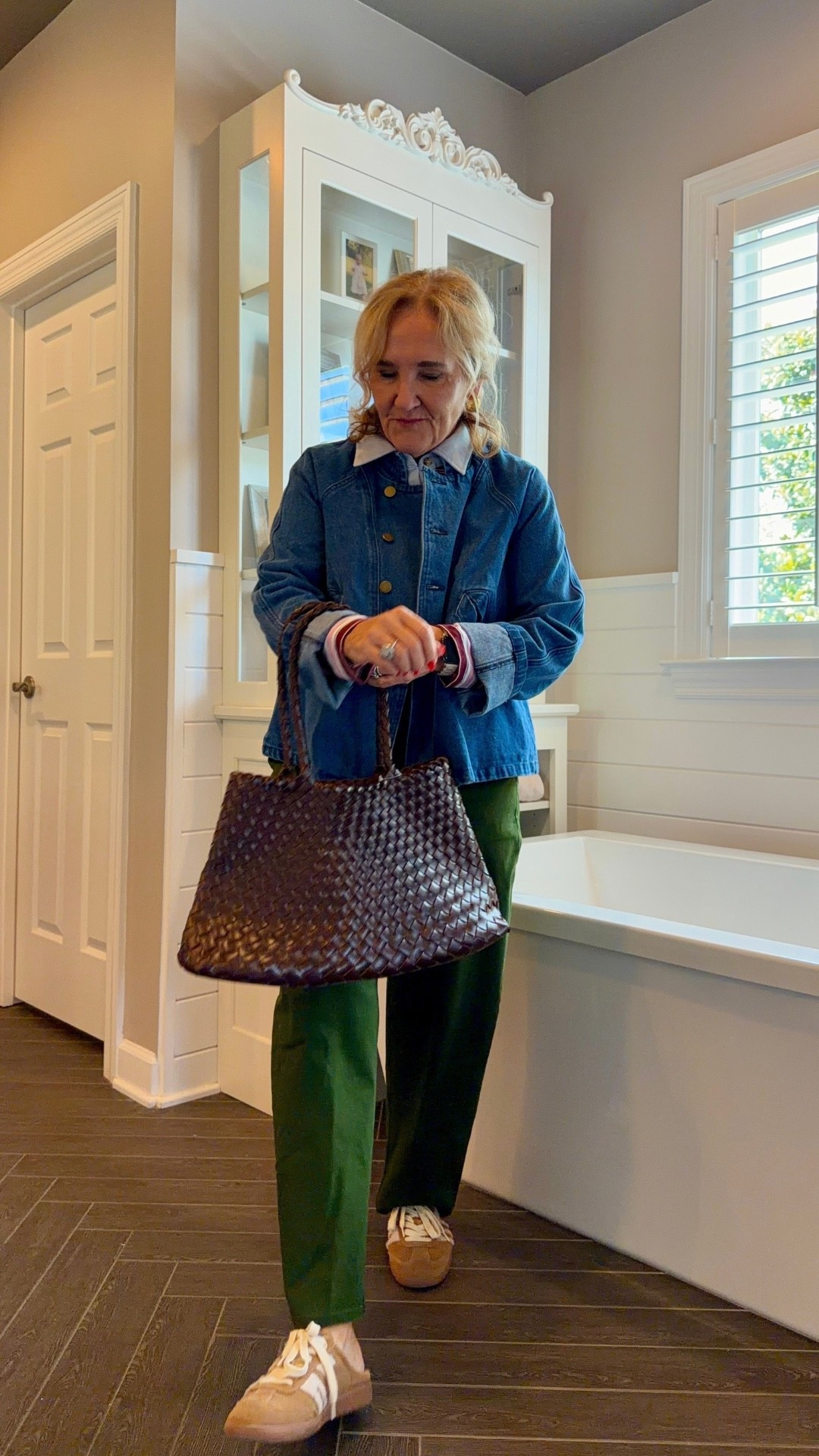 I’m having a little fun mixing stripes, denim, and green chinos here! The striped polo is a medium, and I’m wearing an 8 regular in the pants, although I think the petite length might have been better.
