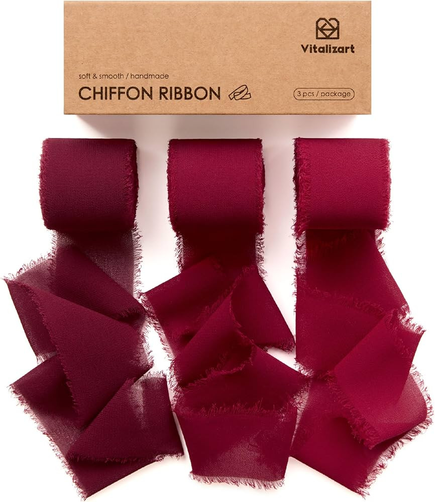 Vitalizart Red Handmade Chiffon Silk Ribbon Fringe 1.5" x 21 Yd Burgundy Frayed Edges Ribbons for... | Amazon (US)