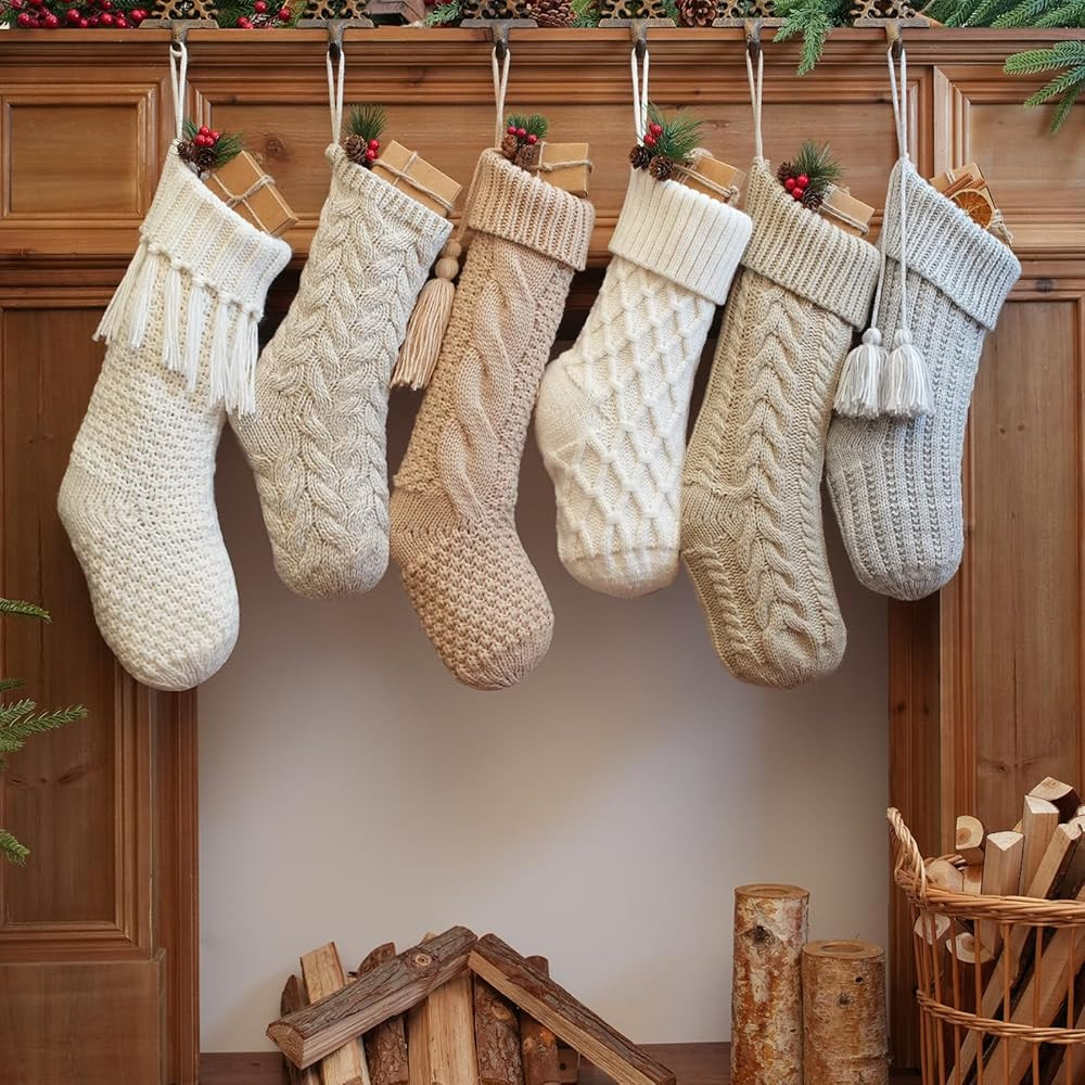 steo spce 6 Pack Vintage Knit Christmas Stockings – White Beige Apricot Rustic Boho Farmhouse C... | Amazon (US)