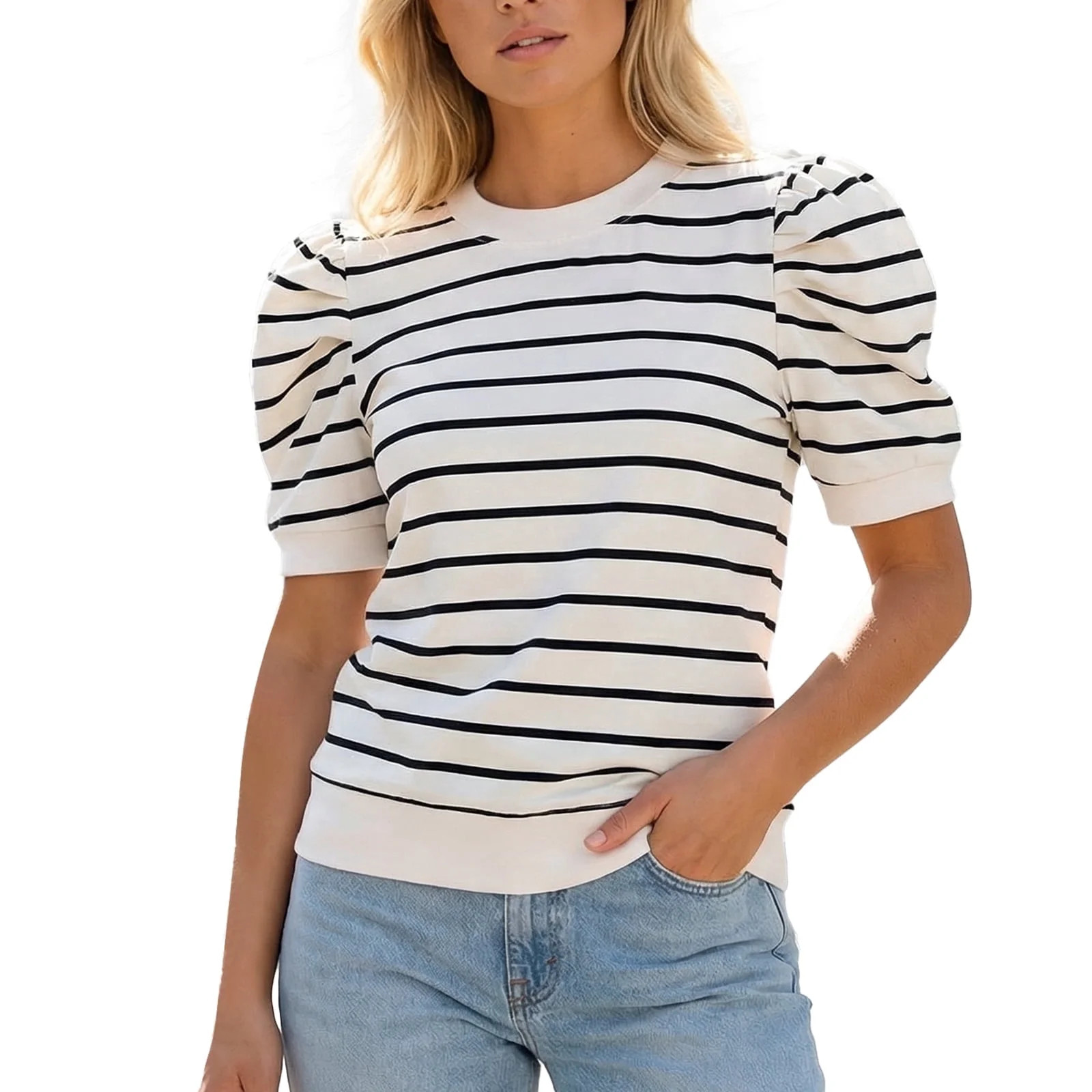 Gingprous Womens Puff Short Sleeve Tshirt Trendy Striped Knit Tops Casual Spring Summer Crewneck ... | Walmart (US)