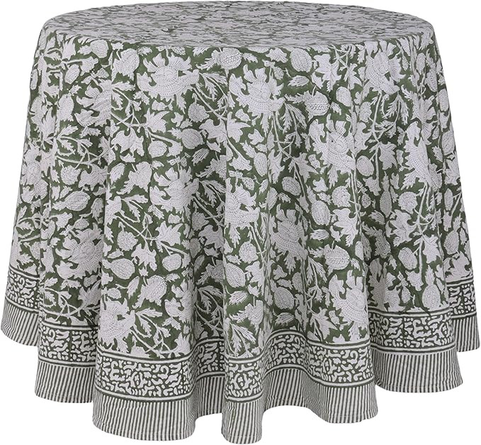 ATOSII Meraki Green 100% Cotton Round Tablecloth, Handblock Print Floral Table Cloth for Kitchen ... | Amazon (US)