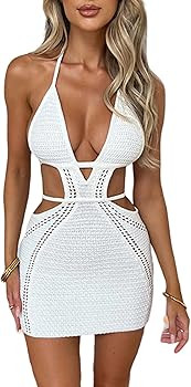 Women's Sexy Halter Hollow Out Knitted Mini Dress Sleeveless Backless Lace Up Bodycon Summer Beac... | Amazon (US)