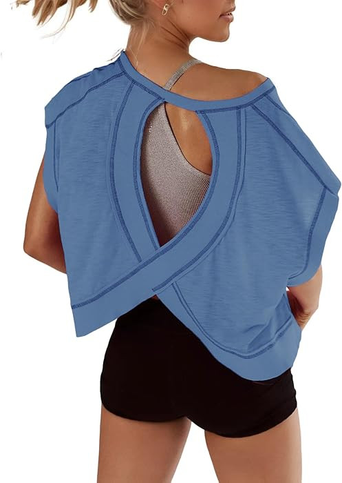 Open Back Tops for Women Oversized Short Sleeve Workout T Shirts Backless Y2k Athletic Crop Runni... | Amazon (US)