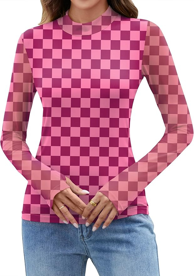 LOMON Mesh Long Sleeve Tops for Women Double Layered Sheer Shirts Mockneck Going Out Party Lace B... | Amazon (US)