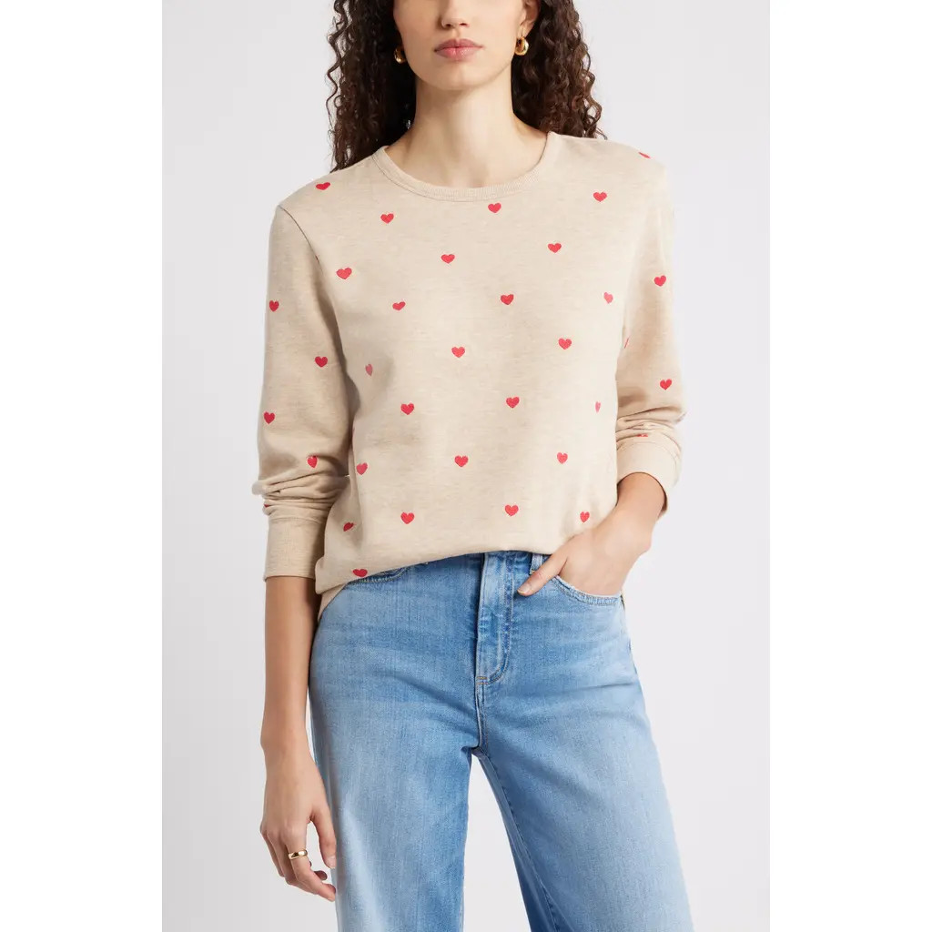 Caslon® Embroidered Heart Sweatshirt in Tan Doeskin Heather Mini Heart at Nordstrom Rack, Size X-Large | Nordstrom Rack