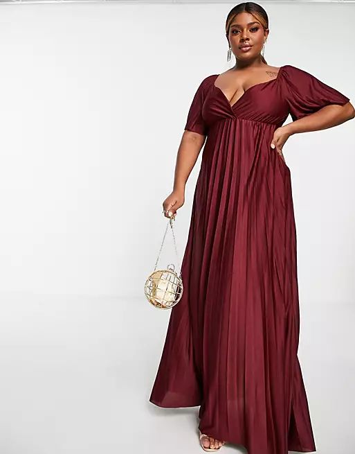 ASOS DESIGN Curve pleated twist back cap sleeve maxi dress in red | ASOS (Global)