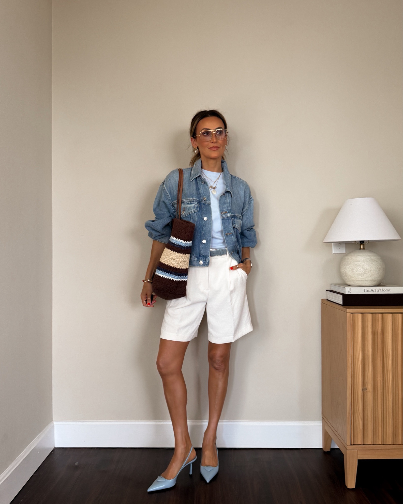 Bermuda shorts East coast vibes 🤍🤎💙 the denim jacket that is so extremely soft it feels like fleece. Jersey tee, crochet bag 
Shorts size 2, xs tee and jacket

#LTKootd #LTKOver40 #LTKSeasonal