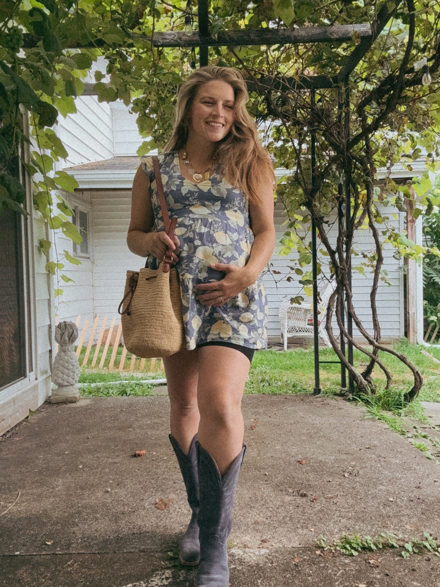 36 weeks pregnant 🤰🏼 

Charm necklace, maternity biker shorts, basket bag, cowgirl boots, tecovas, sezane, third trimester 

#LTKBump #LTKShoeCrush #LTKItBag