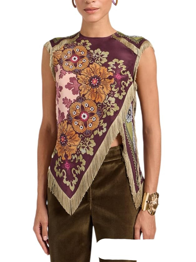 Women Vintage Floral Fringe Sleeveless Top, Asymmetric Hem Scarf Print Slim Crop Blouse | Amazon (US)