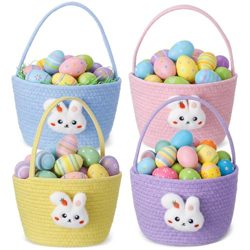 Gandeer 4 Pcs Easter Basket Woven Bunny Bags with Handle Hunting Hunt Bucket Empty Egg Basket with Bunny Accessories for Easter Gift Egg Hunts Party Decorations (4 Colors) | Amazon (US)