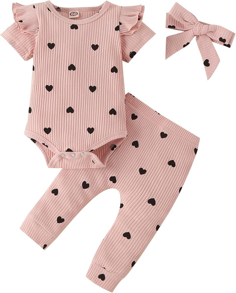 Baby Girl's 3pc Rib Frill Long Sleeve Romper and Pant Set | Amazon (US)