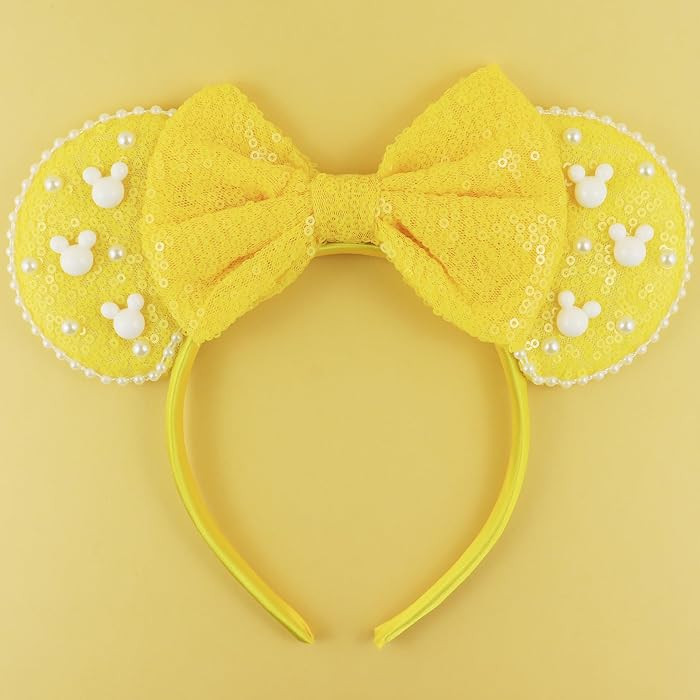 Mouse Ears Headband with Pearl, Yellow Sequins Mouse Ears Headbands for Halloween Costume, Prince... | Amazon (US)