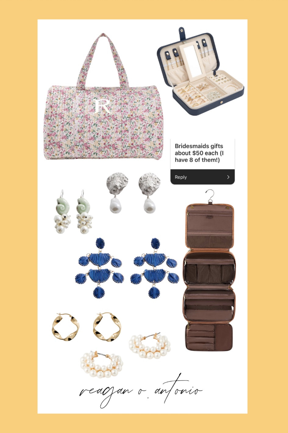 bridesmaid gifts under $50. 

can’t believe the monogrammed weekender 😍😍😍 
I own and love the toiletry back of door bag and the jewelry box - both are amazing for travel. 
I gifted my bridesmaids mango earrings! ❤️

#LTKunder50 #LTKsalealert #LTKwedding