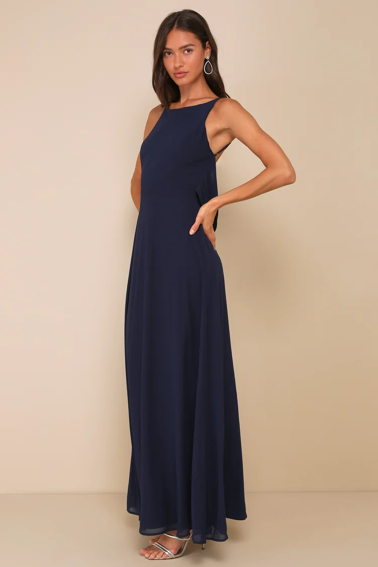 Sophisticated Pose Navy Chiffon Boat Neck Backless Maxi Dress | Lulus