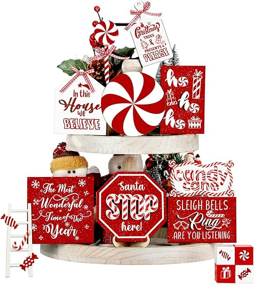 Christmas Tiered Tray Decor Christmas Decorations Snowman Santa Candy Wood Sign Xmas Table Center... | Amazon (US)