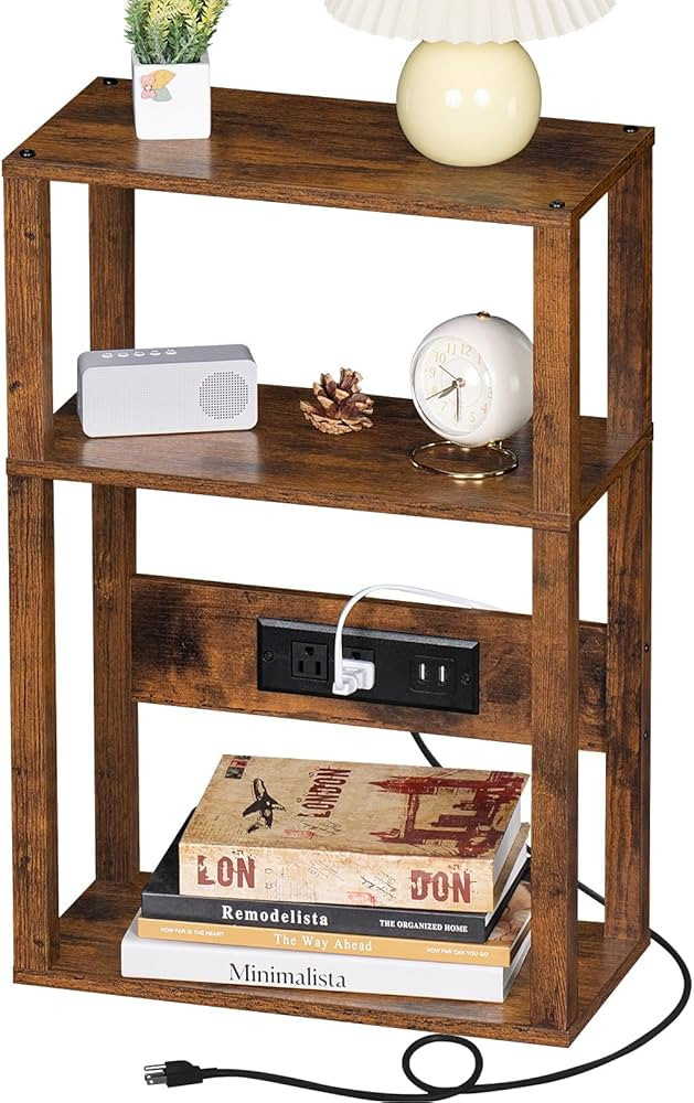 3-Tier Small Narrow Wood Side Table with Charging Station, Skinny Nightstand for Small Space, Sli... | Amazon (US)