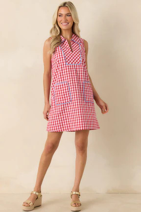 Summer Side Dish Red Gingham Cotton Mini Shift Dress | Red Dress