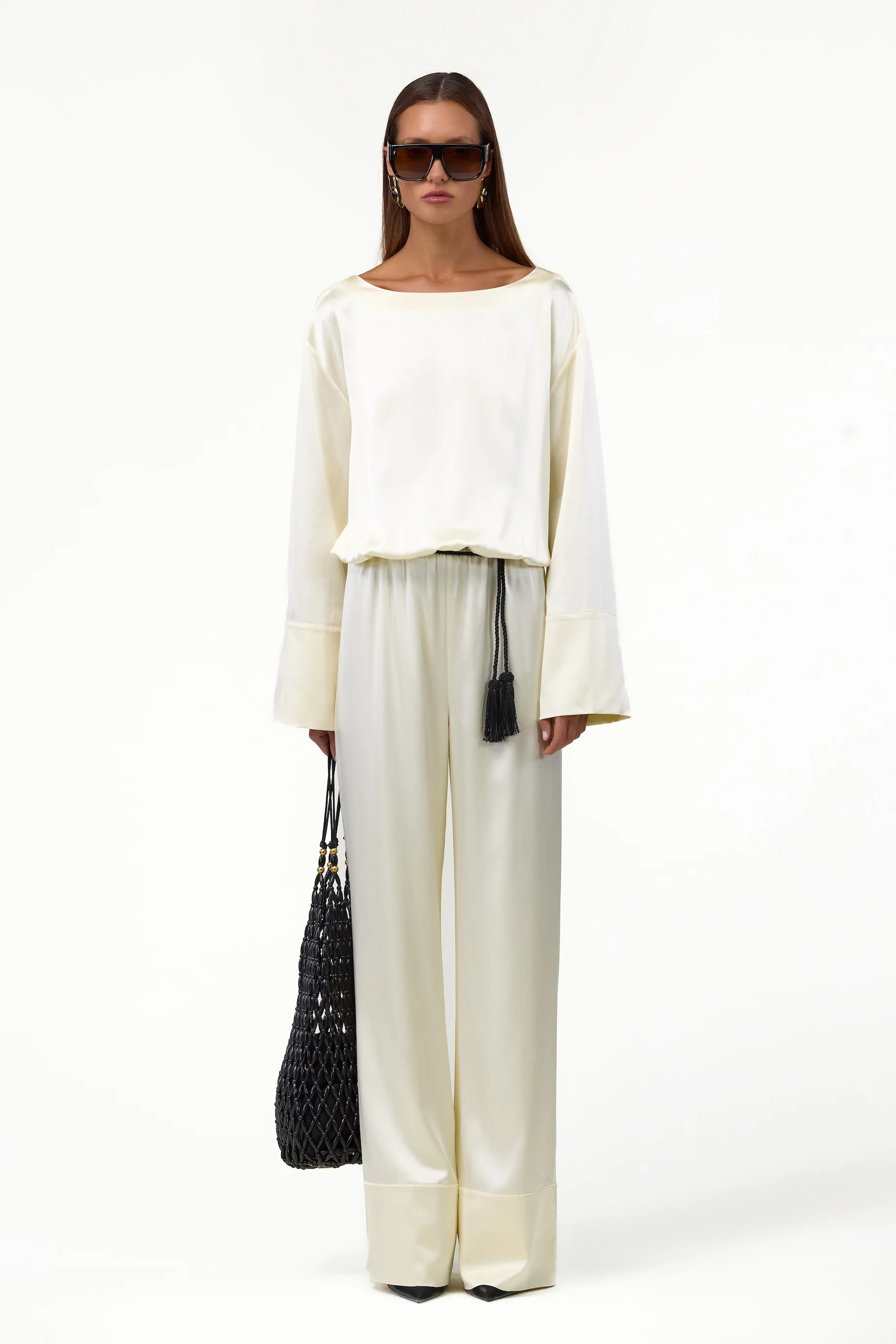 Long Sleeve Silk Jumpsuit (Cream) | SAME