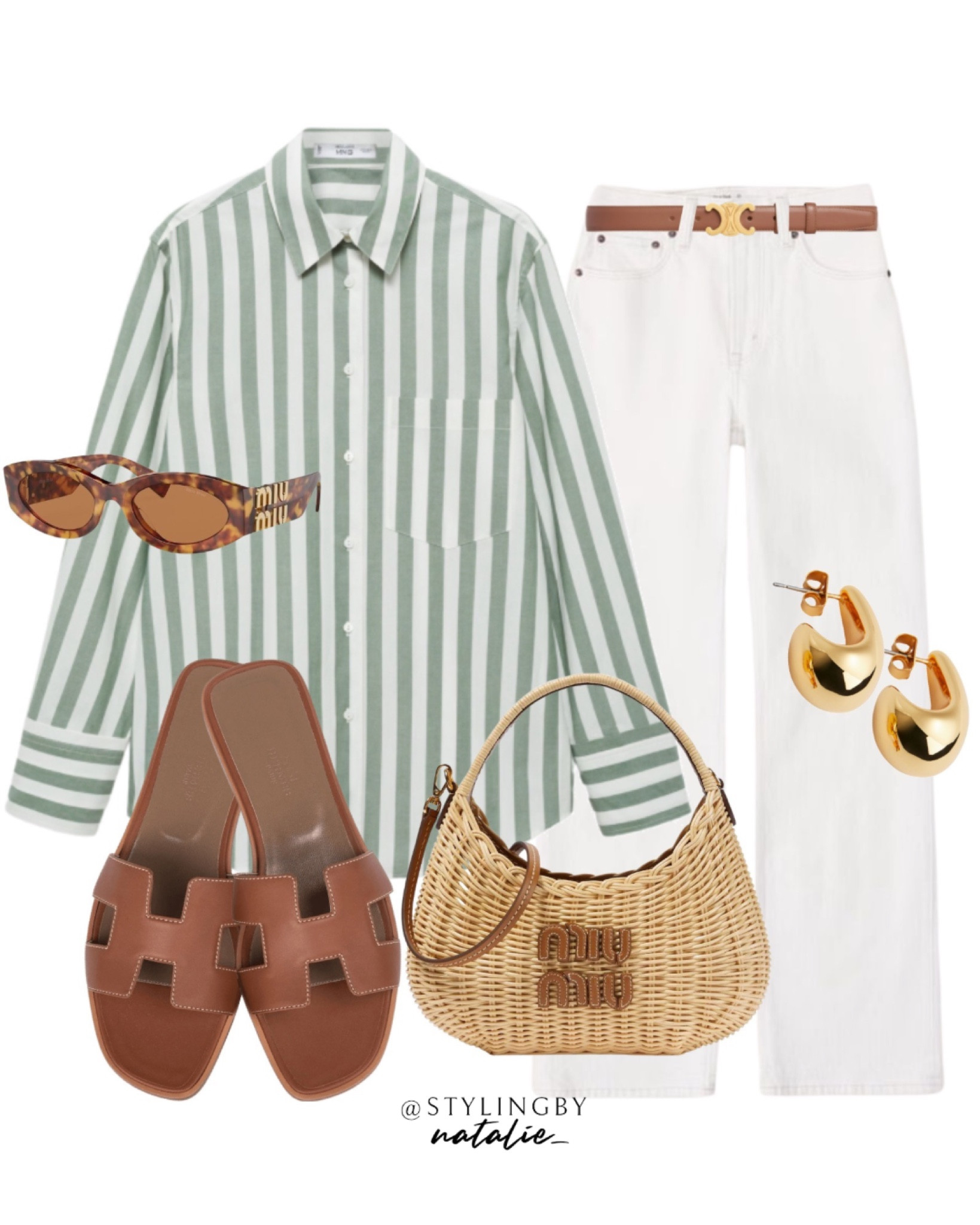 Green stripe shirt, white high rise jeans, Miu Miu wicker bag, Miu Miu tortoise shell sunglasses, chunky gold earrings and tan belt and sandals. Summer outfit, brunch outfit, casual chic.

#LTKmidsize #LTKstyletip #LTKeurope