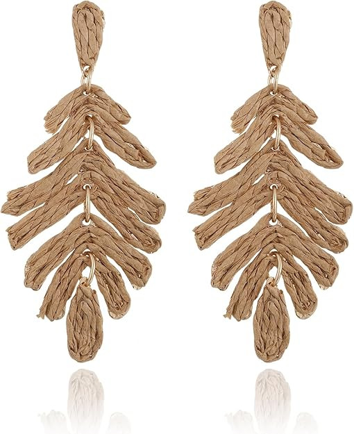 Raffia Long Palm Leaf Earrings, Colorful Handmade Rattan Leaf Drop Dangle Earrings Summer Tropica... | Amazon (US)