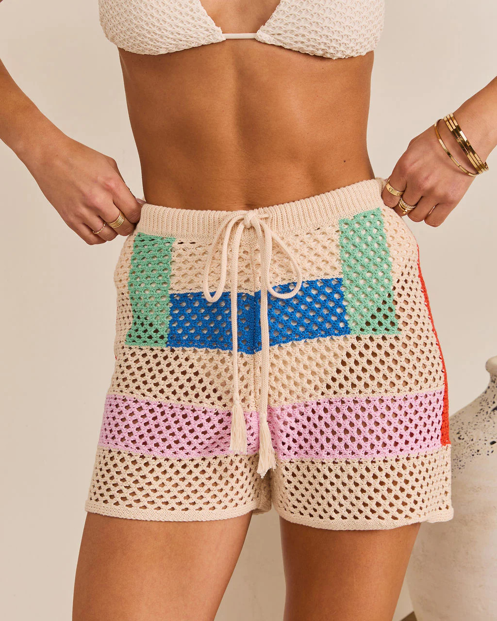 Cannes Coast Striped Crochet Cover Up Shorts | VICI