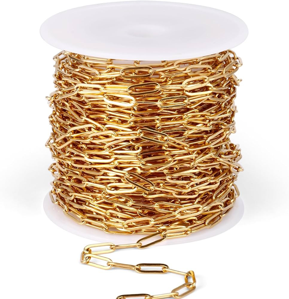 [33 Ft] Stainless Steel Paperclip Chains Roll, 3mm Width 18K Gold PVD Plated Stainless Steel Oval... | Amazon (US)
