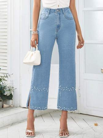 SHEIN Frenchy Pearls Beaded Split Hem Jeans | SHEIN
