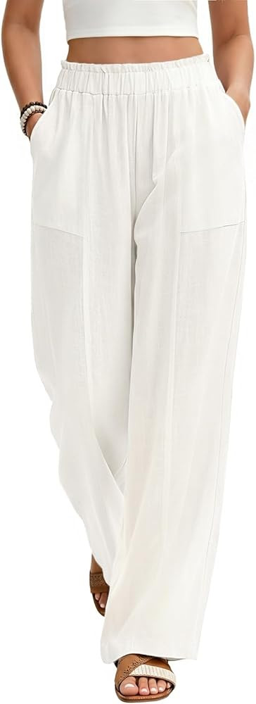 Jyanl White Linen Pants Beach Flowy Summer Pants Wide Leg Palazzo Pants Loose High Waist Boho Lounge Trousers Work Linen Outfits at Amazon Women\u2019s Clothing store | Amazon (US)