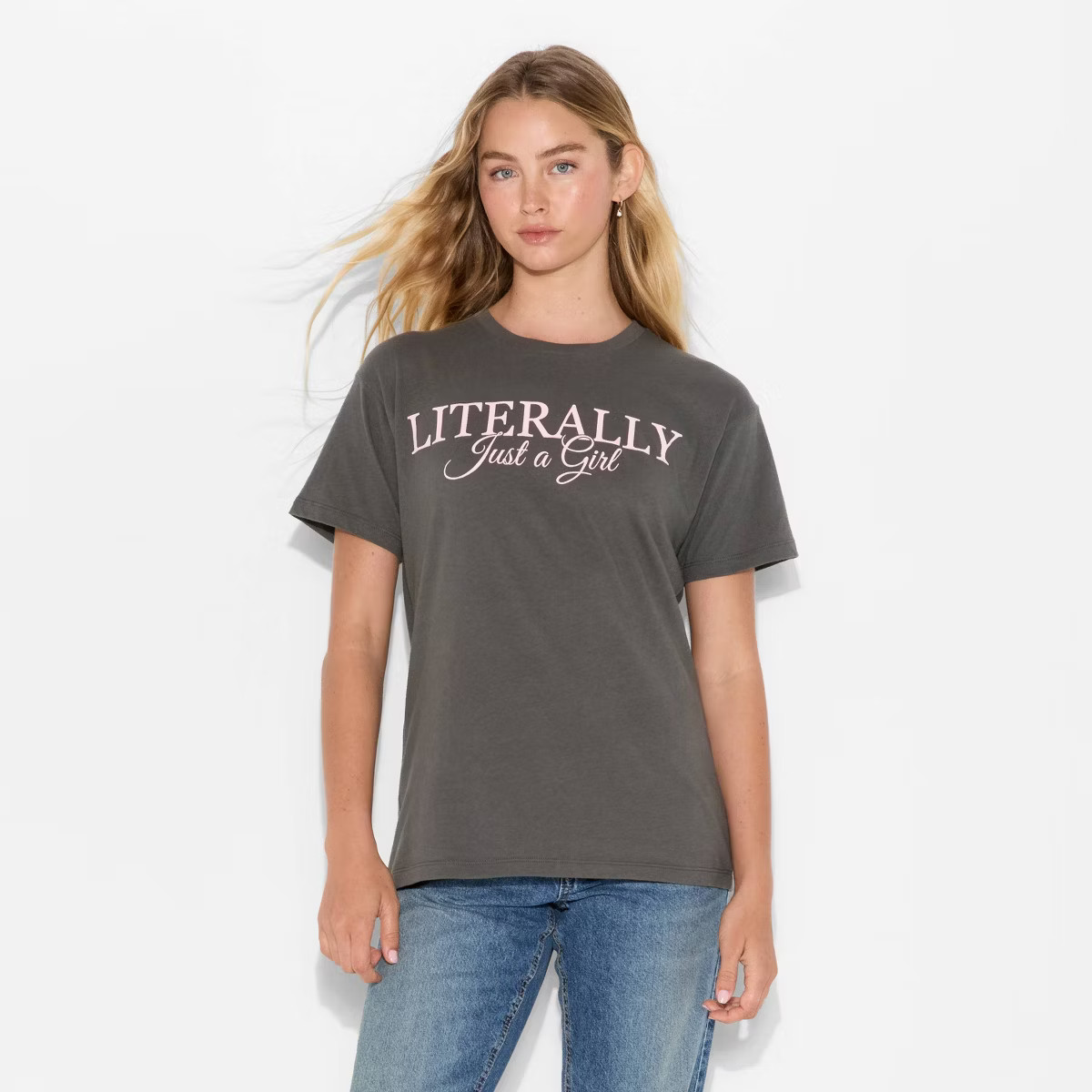Women's Literally Just a Girl Short Sleeve Graphic T-Shirt - Dark Gray L | Target