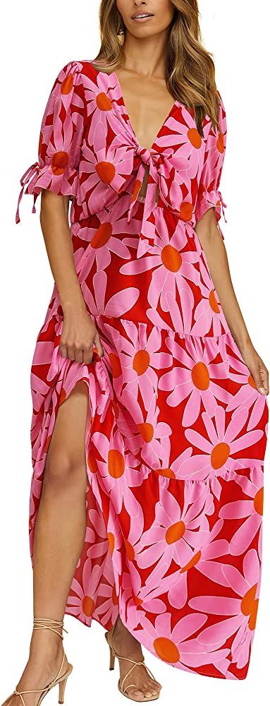 BTFBM Women 2023 Summer Boho Dress Knot Front Deep V Neck Short Sleeve Floral Tiered Casual Party Be | Amazon (US)