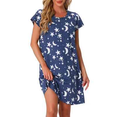 INSPIRE CHIC Women's Short Sleeve Round Neck Printed Nightgown Nightshirt Navy X-Small | Target