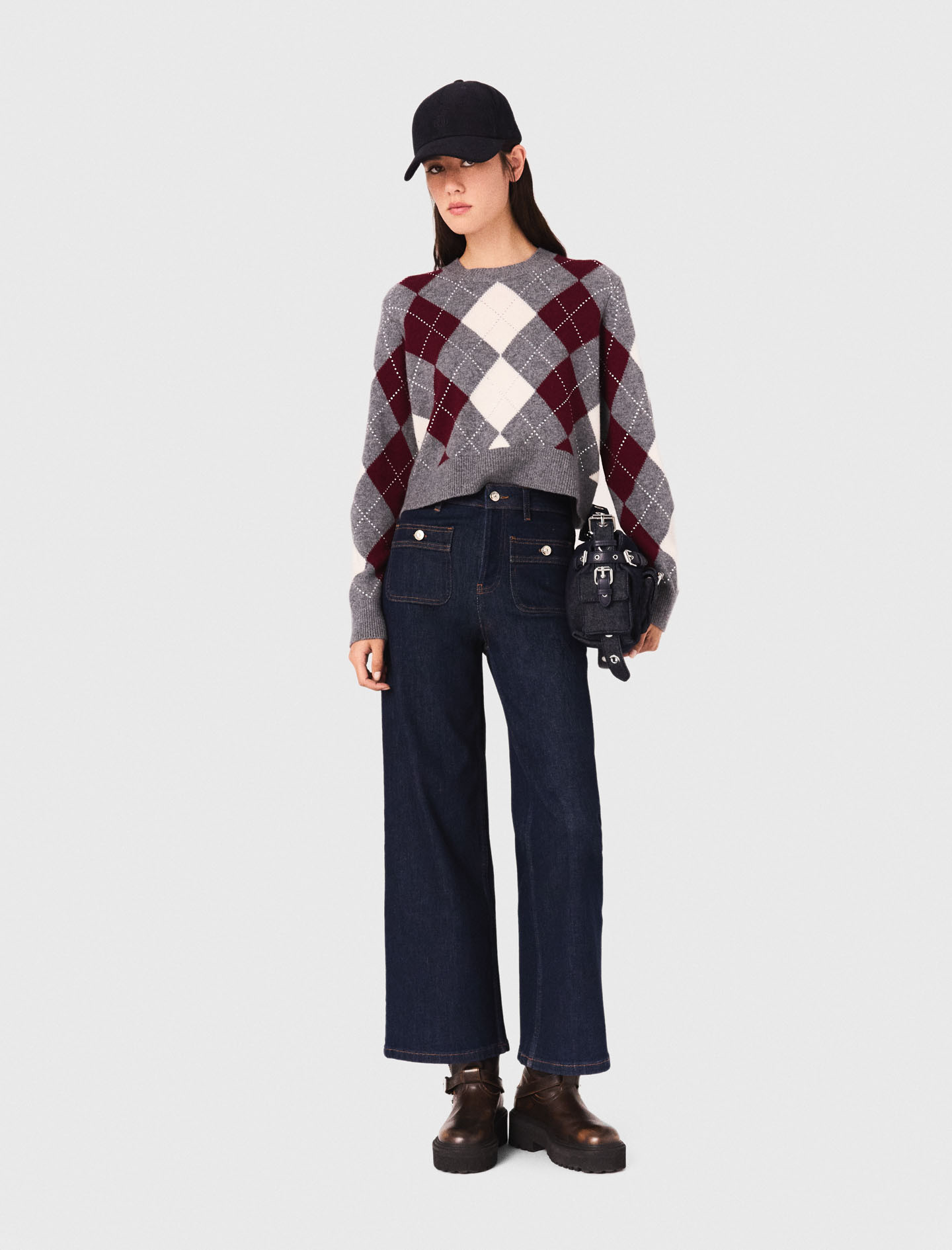 Pull court à motif argyle tricolore pour femme | Maje | Maje EU