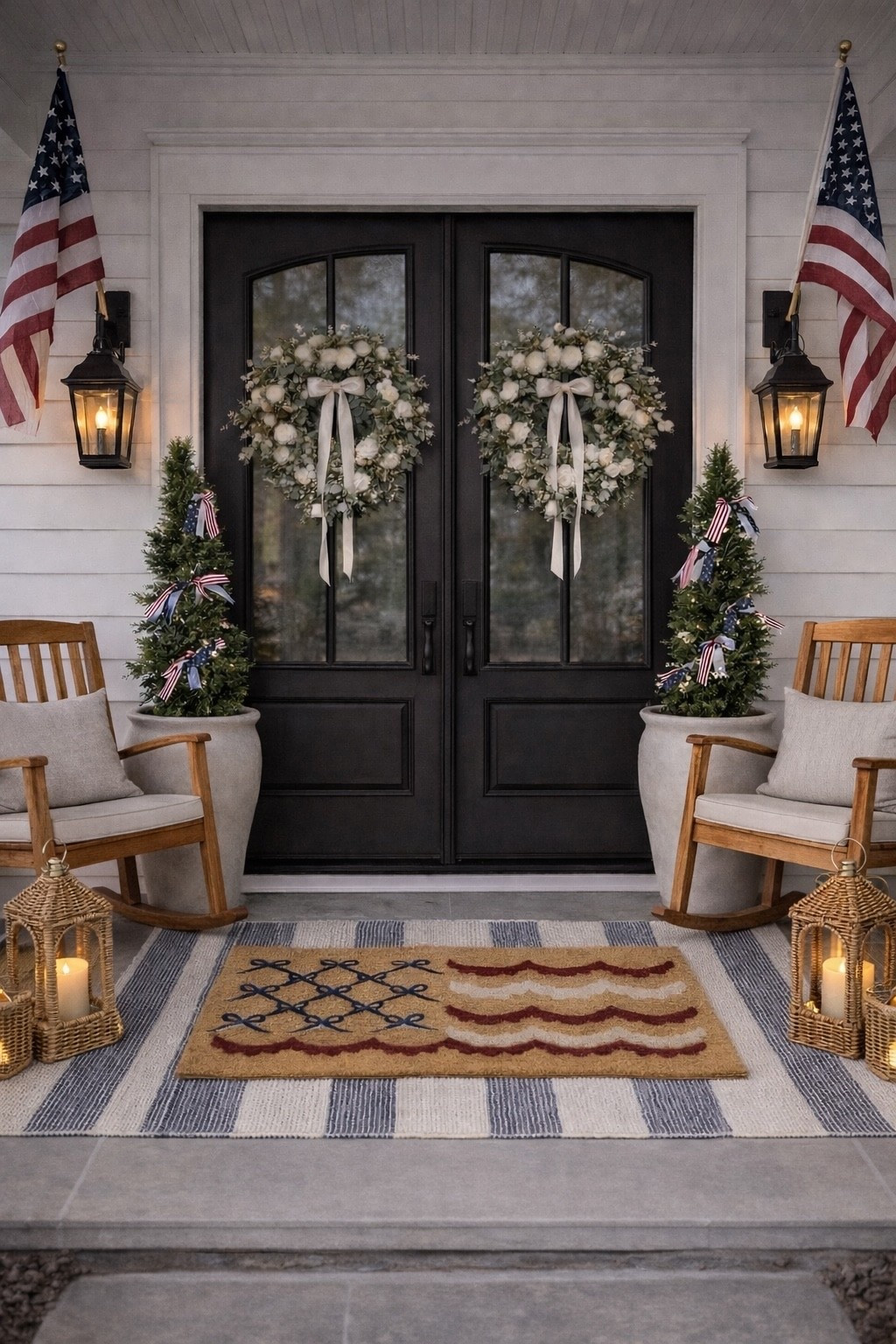 Front porch refresh for summer 🇺🇸🤍

Sharing all the details from this front porch setup — everything is linked from Wayfair + Walmart. The wreaths, planters, lanterns, rocking chairs, doormat, and outdoor rug all come together for the perfect cozy, welcoming space.

Featuring:
• Wayfair wreaths (front door decor)
• Walmart spiral trees with patriotic bows
• Walmart outdoor planters
• Walmart rocking chairs
• Walmart rattan lanterns
• Walmart doormat + outdoor rug

Perfect for:
• front porch decor
• patio styling
• outdoor living spaces
• summer porch refresh
• patriotic outdoor decor
• cozy porch ideas

#LTKSeasonal #LTKHome